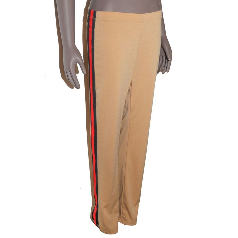 Beige Side-Stripe Women’s Leggings with Red & Black Trim